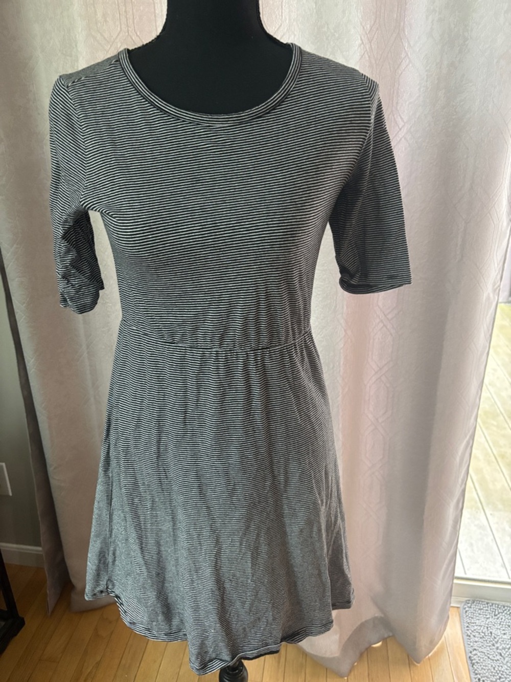 Striped Black and White Midi Dress with Short Sleeves